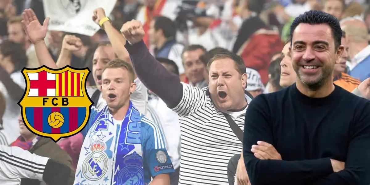 Afición del Madrid enfurecida. Xavi Hernández feliz y escudo del FC Barcelona.
