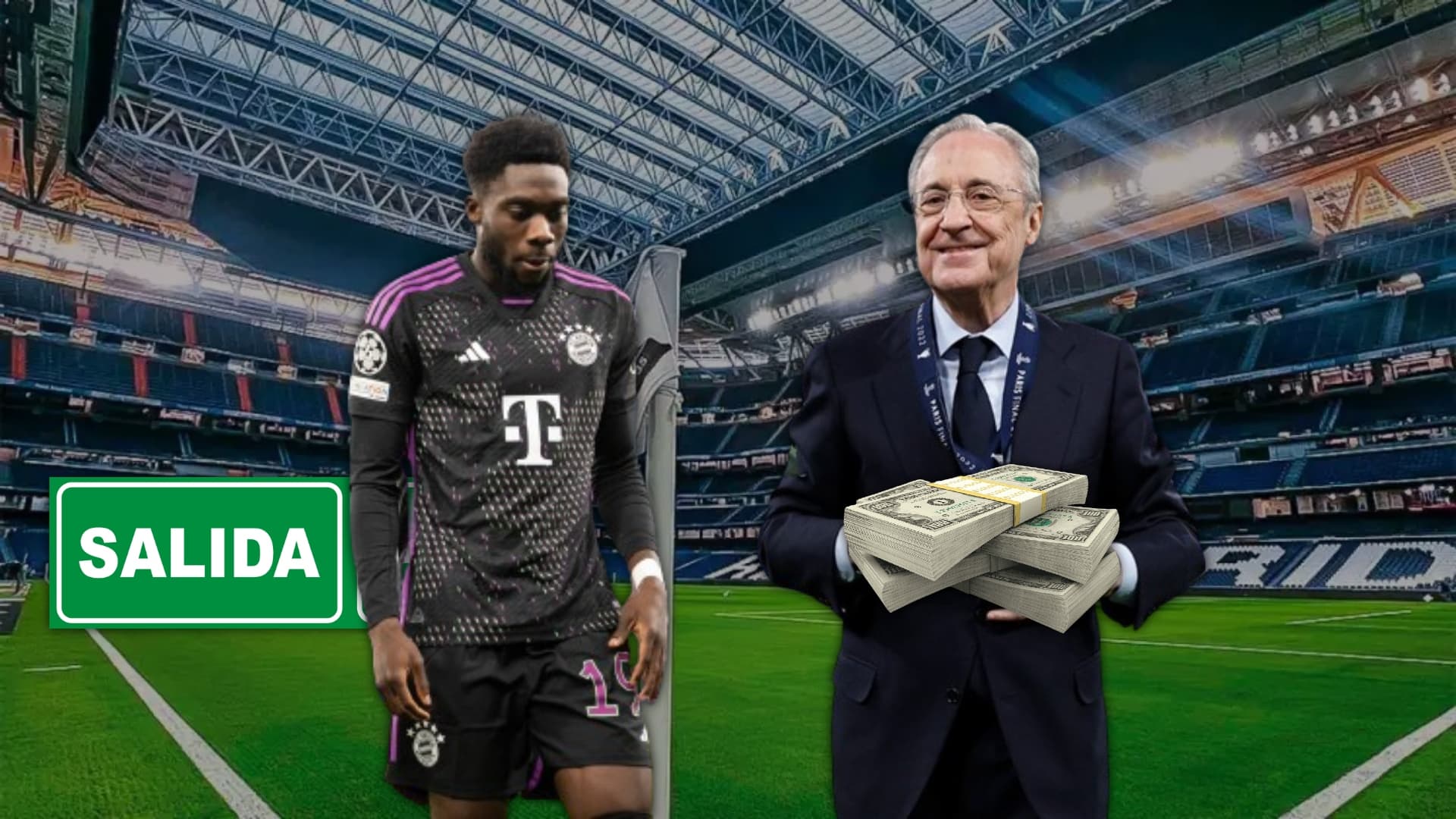 Alphonso Davies, con la remera de Bayern Múnich, y Florentino Pérez, presidente de Real Madrid.