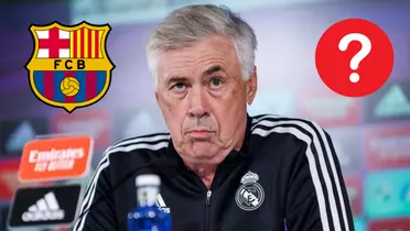 Ancelotti preocupado en conferencia de prensa. De fondo, logo del FC Barcelona y signo de interrogación.