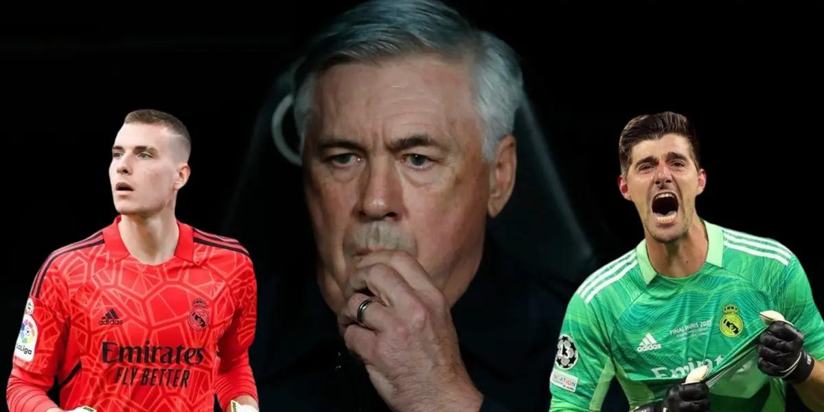 Ancelotti preocupado, fotos de Andry Lunin y Thibaut Courtois con camisetas del Real Madrid.