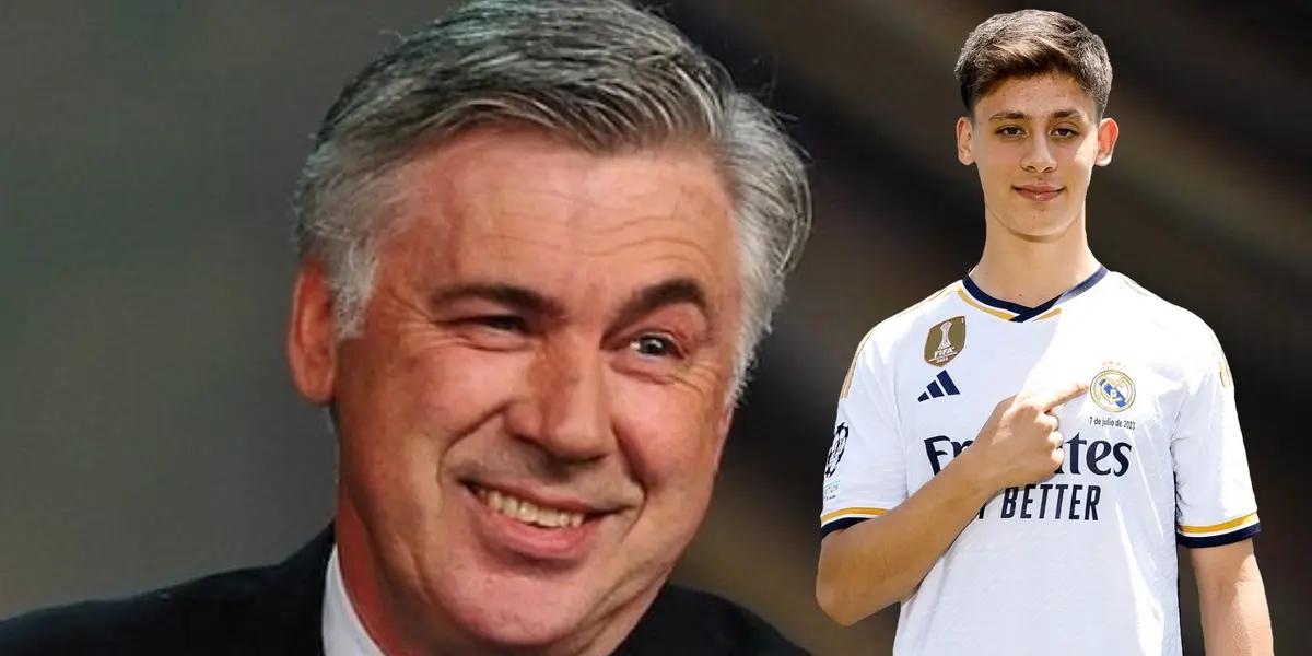 Ancelotti riendo. Del otro lado Arda Guler con la camiseta del Real Madrid.