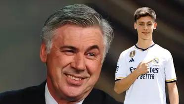 Ancelotti riendo. Del otro lado Arda Guler con la camiseta del Real Madrid.
