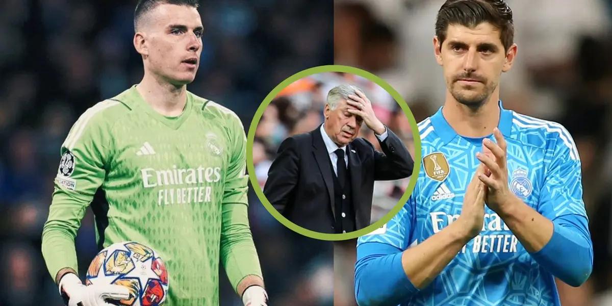 Ancelotti se agarra la cabeza. Lunin y Courtois con la camiseta del Real Madrid.