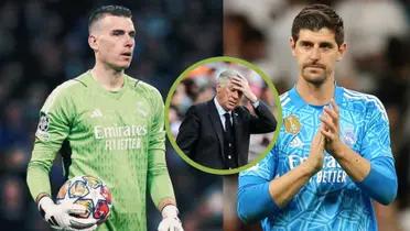 Ancelotti se agarra la cabeza. Lunin y Courtois con la camiseta del Real Madrid.