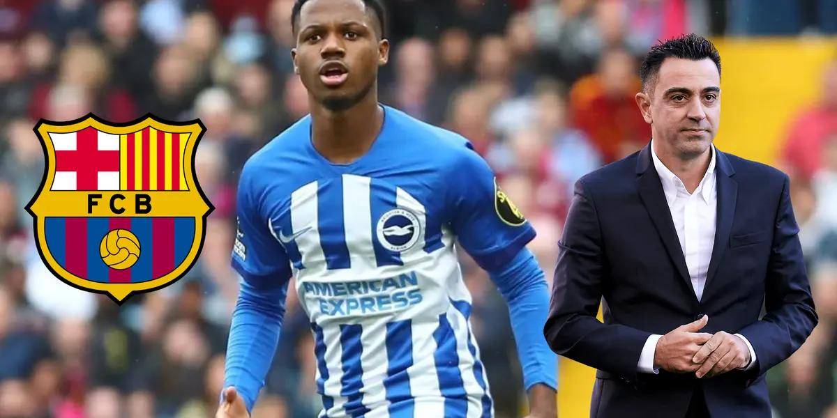 Ansu Fati en Brighton, Xavi Hernández serio y escudo del FC Barcelona.