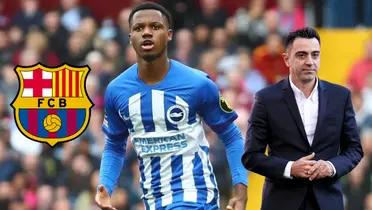 Ansu Fati en Brighton, Xavi Hernández serio y escudo del FC Barcelona.