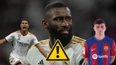 Antonio Rüdiger con la camiseta del Real Madrid. Jude Bellingham en un costado, Pedri del otro lado, señal de atención en medio