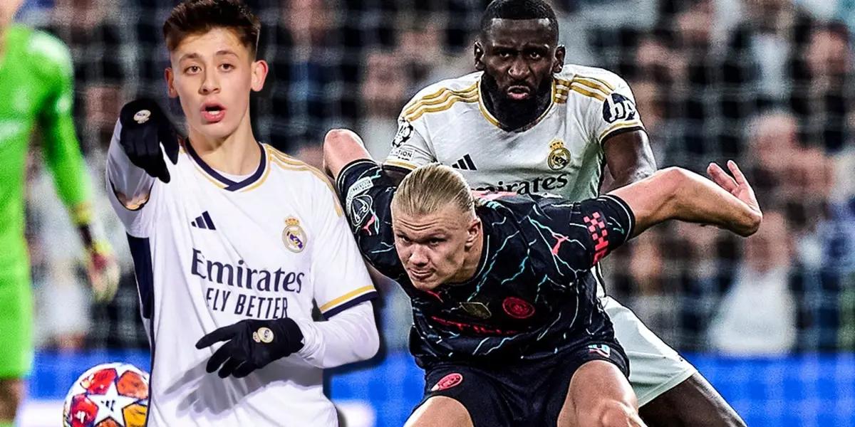 Antonio Rudiger y Arda Guler, jugadores del Real Madrid, y Erling Haaland