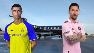 Avión privado de fondo. Cristiano Ronaldo con la camiseta del Al-Nasrr y Lionel Messi con la de Inter Miami