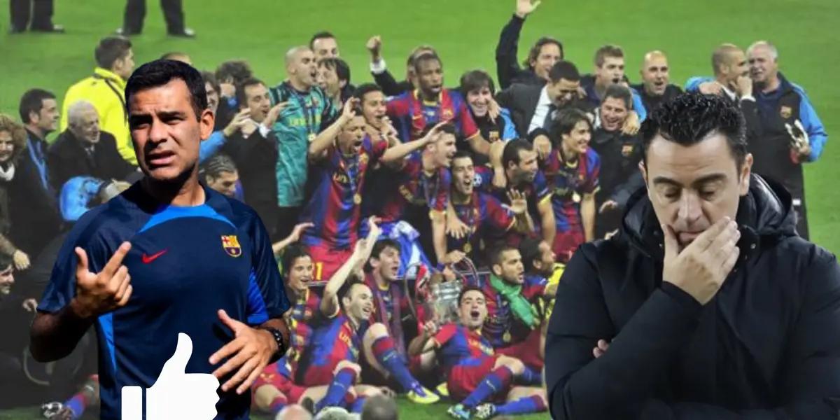 Barcelona campeón de la CHampions. Rafa Márquez dando una indicación con pulgar arriba y Xavi Hernández serio.