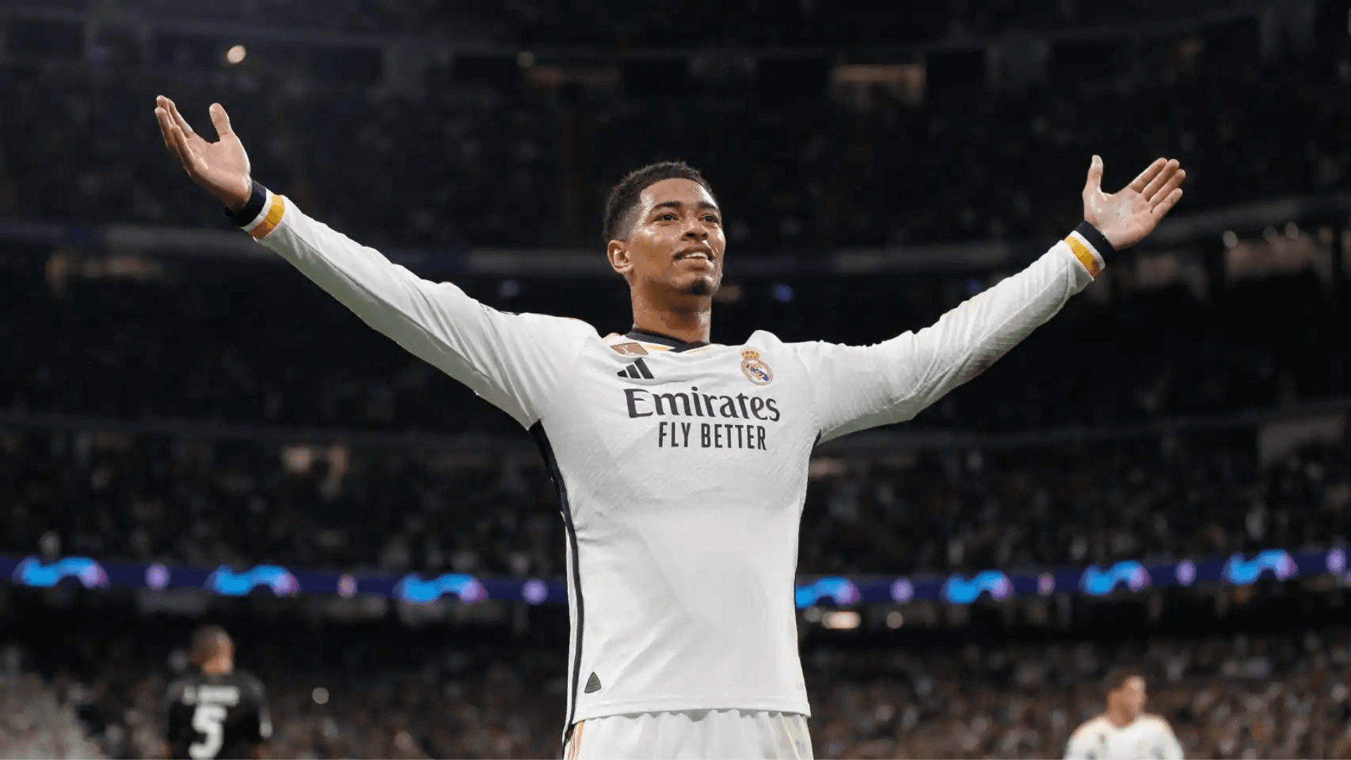 Bellingham con la camiseta del Real Madrid festejando su gol.