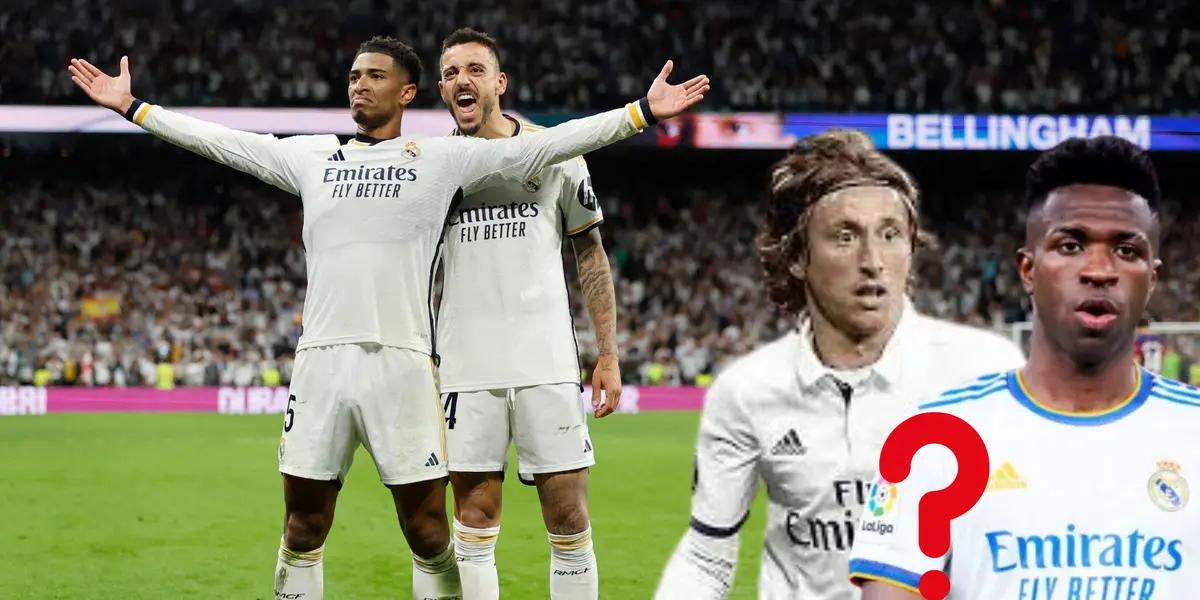 Bellingham festejando un gol ante Barça en Bernabéu. Modric y Vini con camisetas del Madrid y signo de pregunta abajo.