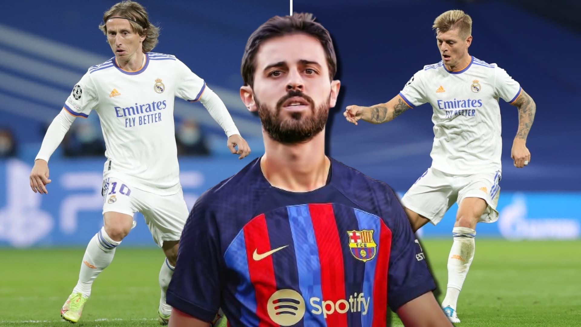 Bernardo Silva en el FC Barcelona, con Luka Modric y Toni Kroos del Real Madrid