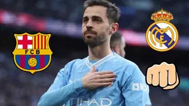 Bernardo Silva en Manchester City, escudo del Barcelona de un lado, escudo del Real Madrid y un puño cerrado del otro.