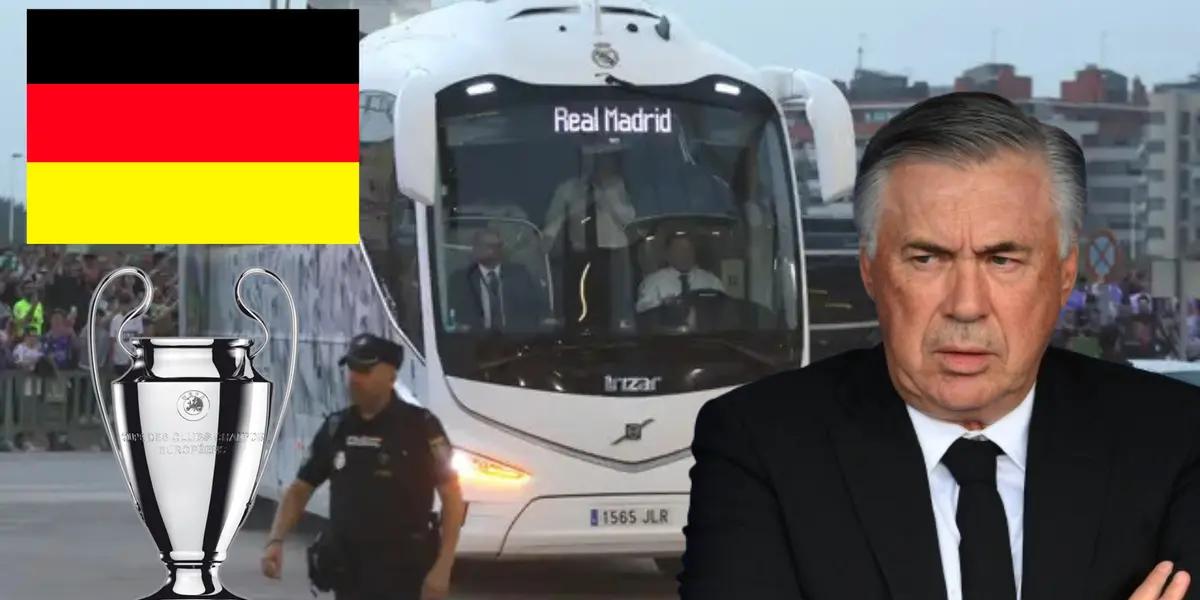 Bus del Real Madrid, Ancelotti preocupado. Trofeo de Champions League y bandera alemana.