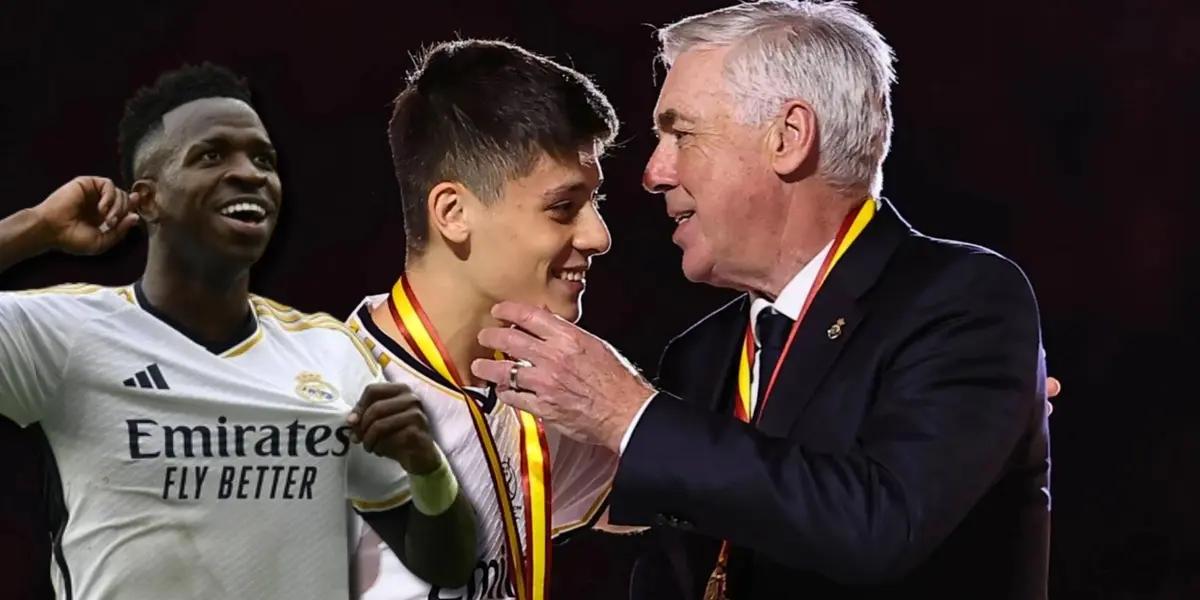 Carlo Ancelotti, Arda Guler y Vinicius Junior del Real Madrid