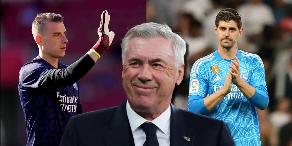 Carlo Ancelotti, entrenador del Real Madrid, con los dos porteros