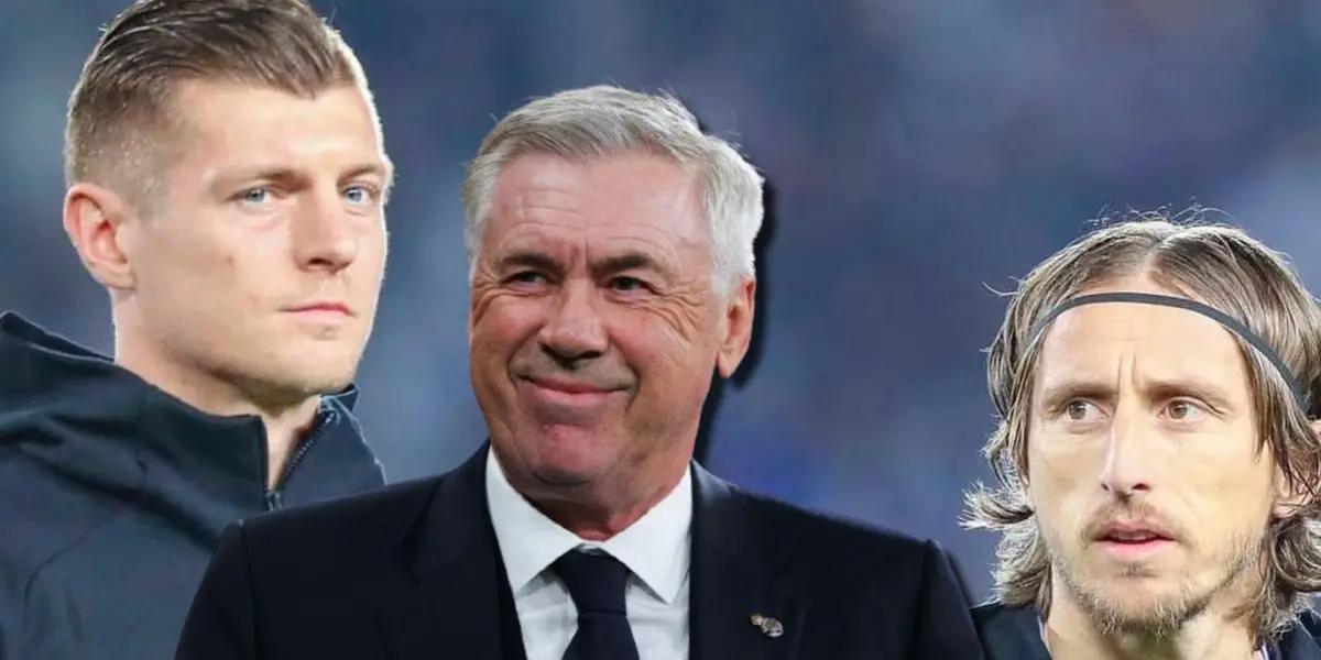Carlo Ancelotti, entrenador del Real Madrid, con Luka Modric y Toni Kroos