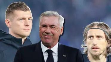Carlo Ancelotti, entrenador del Real Madrid, con Luka Modric y Toni Kroos