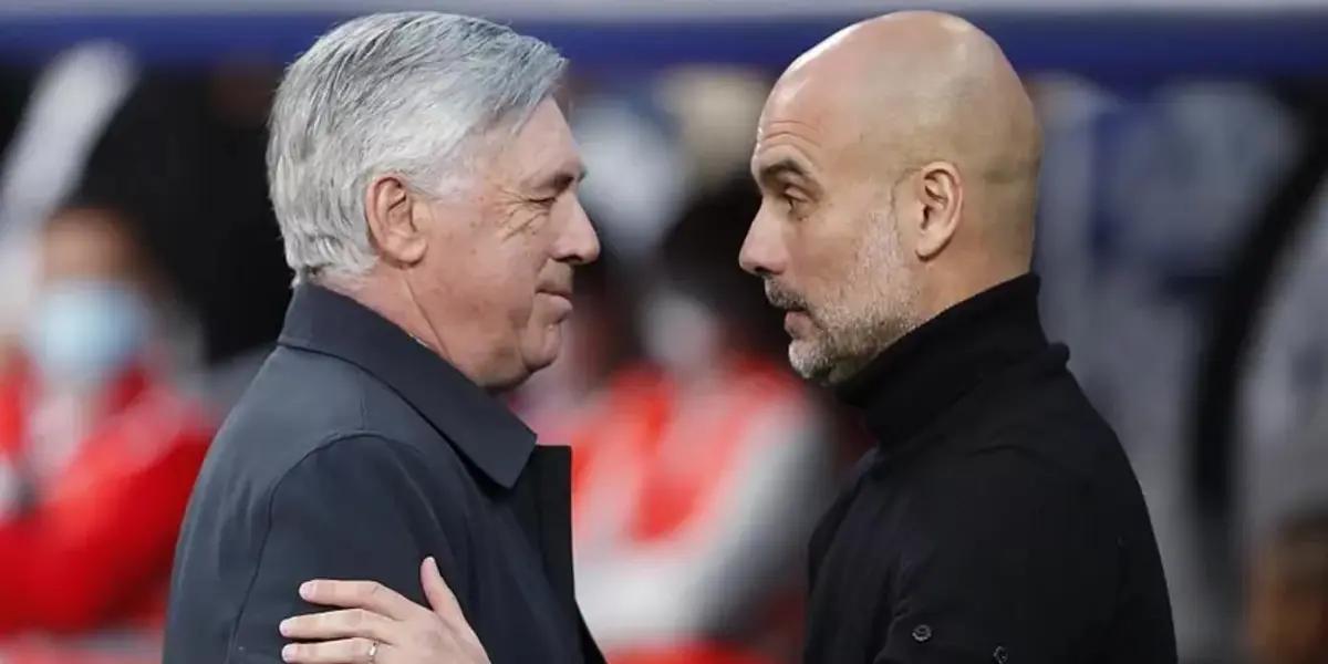 Carlo Ancelotti, entrenador del Real Madrid, con Pep Guardiola del Manchester City