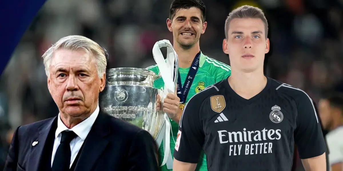 Carlo Ancelotti, entrenador del Real Madrid, Courtois y Lunin