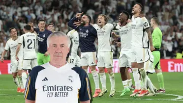 Carlo Ancelotti, entrenador del Real Madrid, y jugadores festejando en el Bernabéu