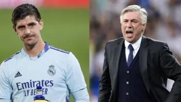 Carlo Ancelotti y Thibaut Courtois, del Real Madrid