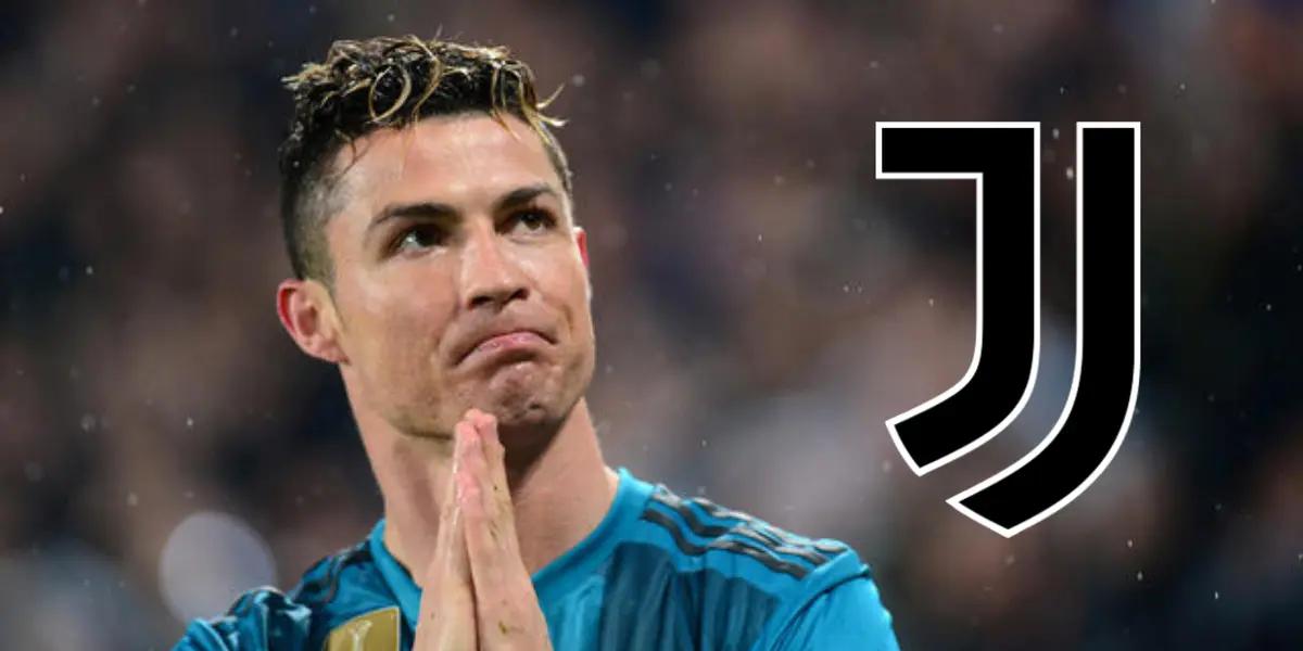 Cristiano pidiendo perdón y el escudo de la Juventus.