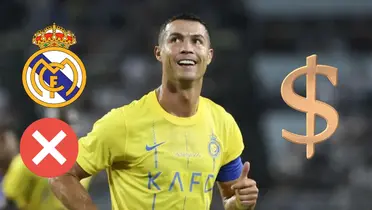 Cristiano Ronaldo feliz. Escudo Real Madrid y cruz roja, del otro lado signo de dinero