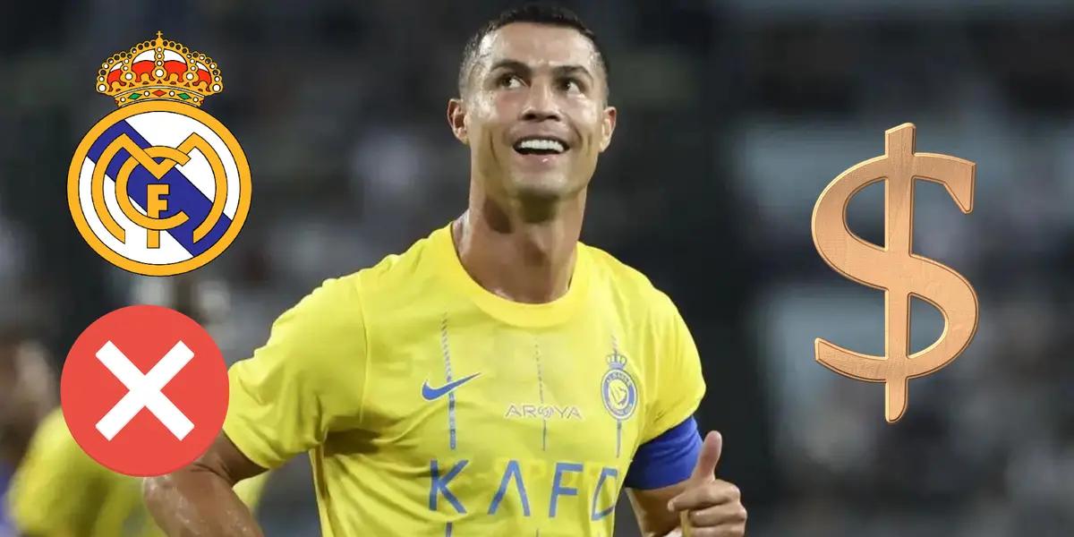 Cristiano Ronaldo feliz. Escudo Real Madrid y cruz roja, del otro lado signo de dinero