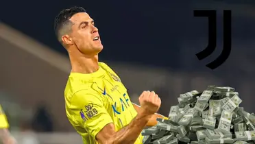 Cristiano Ronaldo festejando. Escudo de Juventus y fajo de dinero.