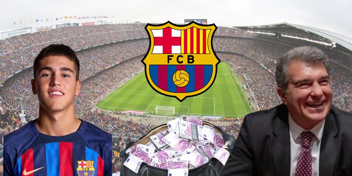 Cubarsí, Laporta y el escudo del FC Barcelona.