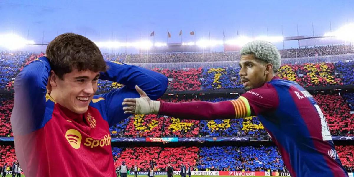 Cubarsí tomándose la cabeza, Araujo señalando, fondo Camp Nou