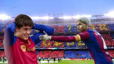 Cubarsí tomándose la cabeza, Araujo señalando, fondo Camp Nou