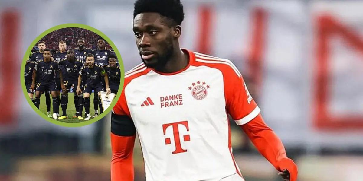 Davies con la camiseta del Bayern, con el equipo del Real Madrid a su derecha.