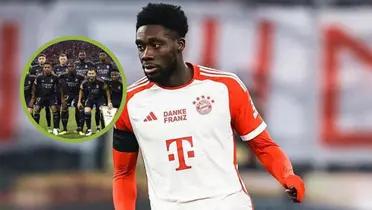 Davies con la camiseta del Bayern, con el equipo del Real Madrid a su derecha.