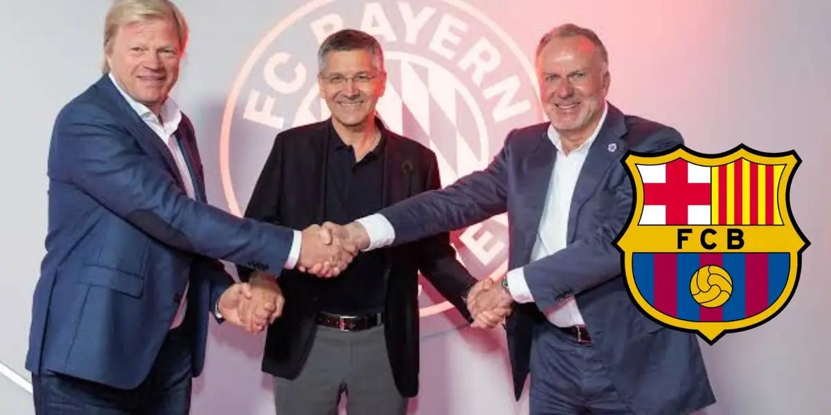 Directivos del Bayer y escudo del Barcelona/FOTO: FC Bayern