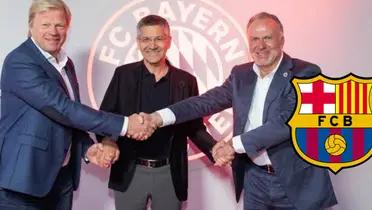 Directivos del Bayer y escudo del Barcelona/FOTO: FC Bayern
