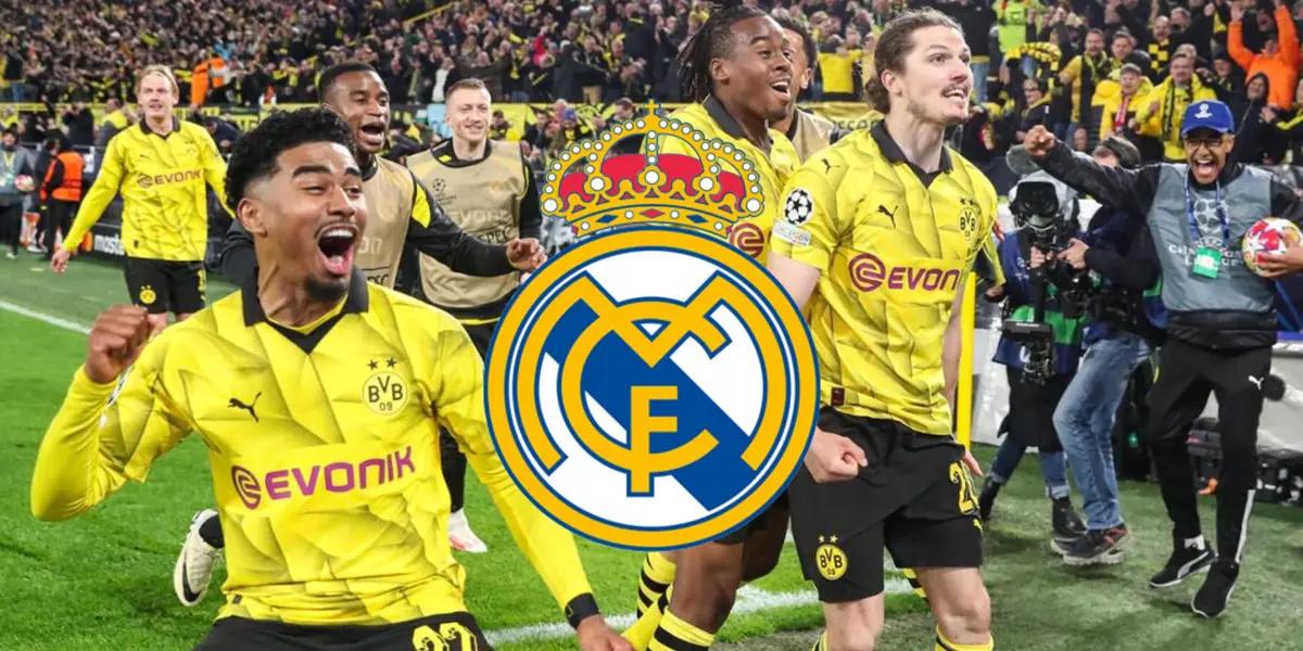 Dortmund festejando y el escudo del Real Madrid.