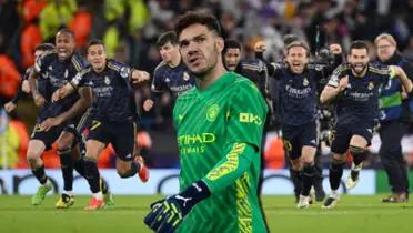 Ederson, portero del Manchester City, y los jugadores del Real Madrid