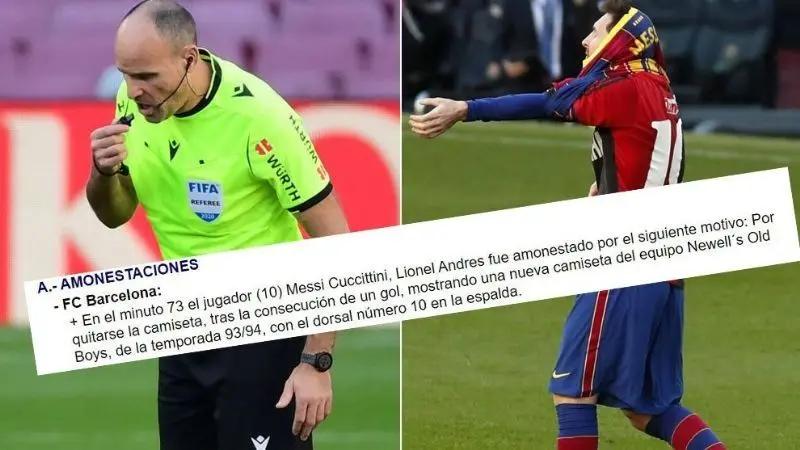 El árbitro del partido debió amonestar a Lionel Messi por quitarse la camiseta en su festejo de gol.