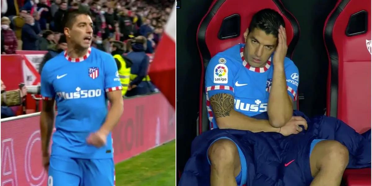 El atacante uruguayo del Atlético Madrid abandonó el terreno de juego ante Sevilla visiblemente molesto por su situación, y las incógnitas respectos a su futuro se disparan en variedad.