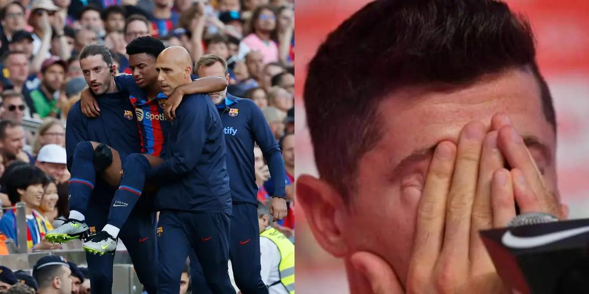 El lateral del Blaugrana debió abandonar el campo de juego tras la infracción.