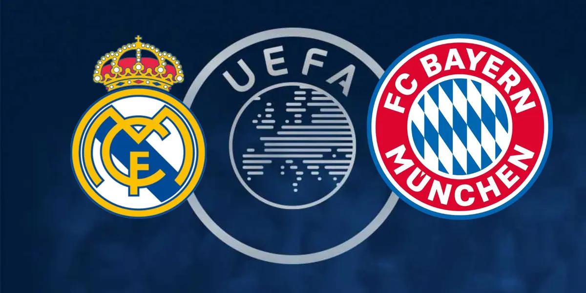 El logo de la UEFA junto a los escudos del Real Madrid y Bayern Múnich.