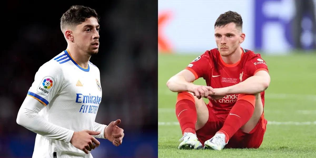 En plena celebración, el uruguayo del Real Madrid se burló del lateral izquierdo del Liverpool