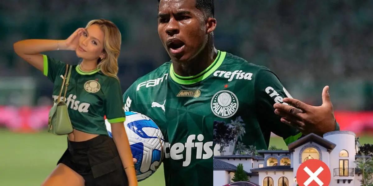Endrick en Palmeiras. Gabriely Miranda de un lado, mansión con auto de lujo del otro.