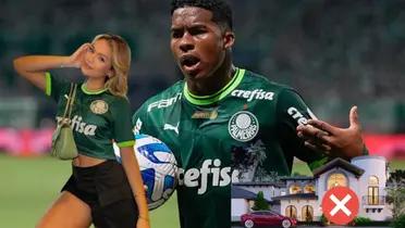 Endrick en Palmeiras. Gabriely Miranda de un lado, mansión con auto de lujo del otro.
