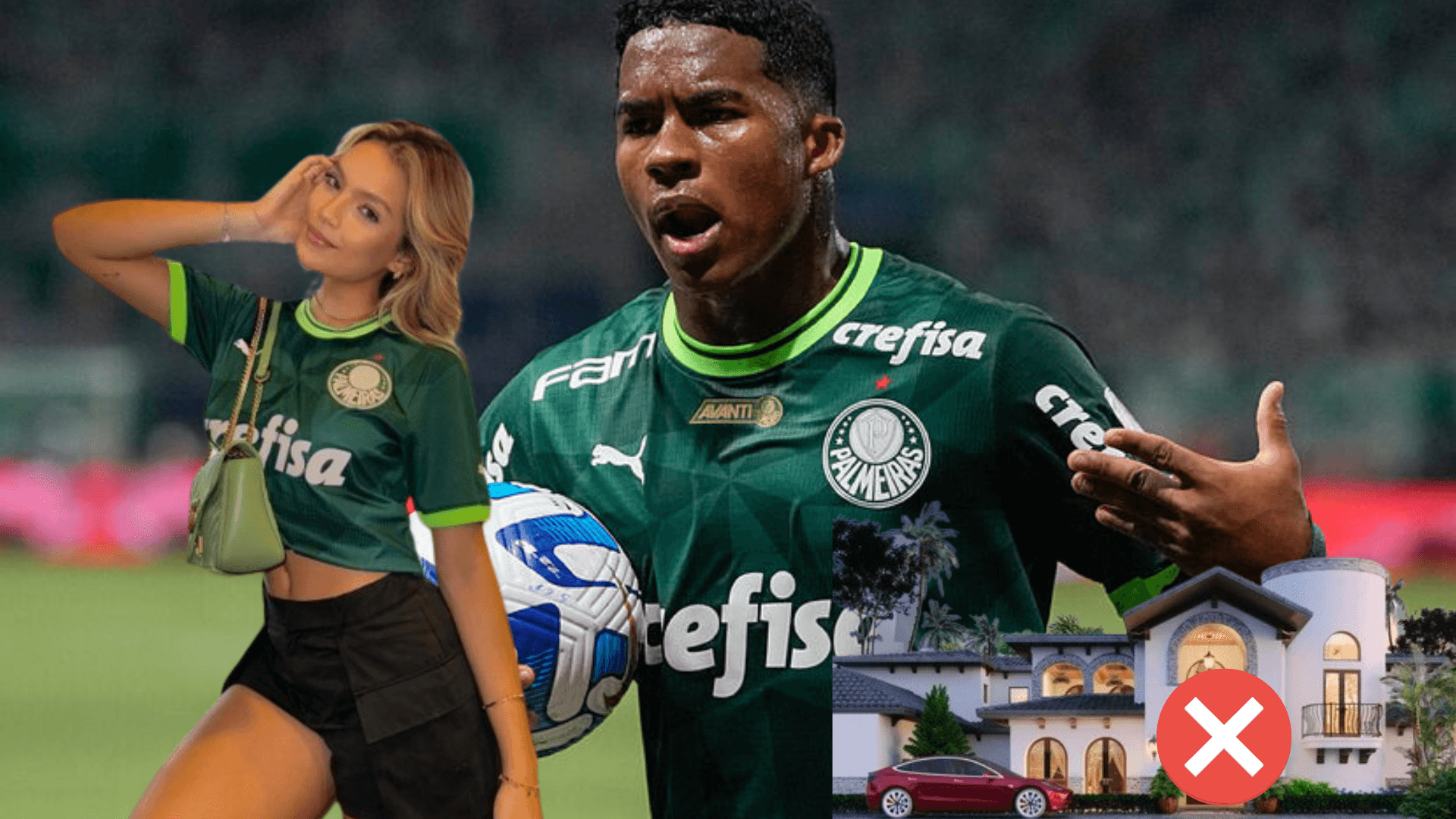 Endrick en Palmeiras. Gabriely Miranda de un lado, mansión con auto de lujo del otro.