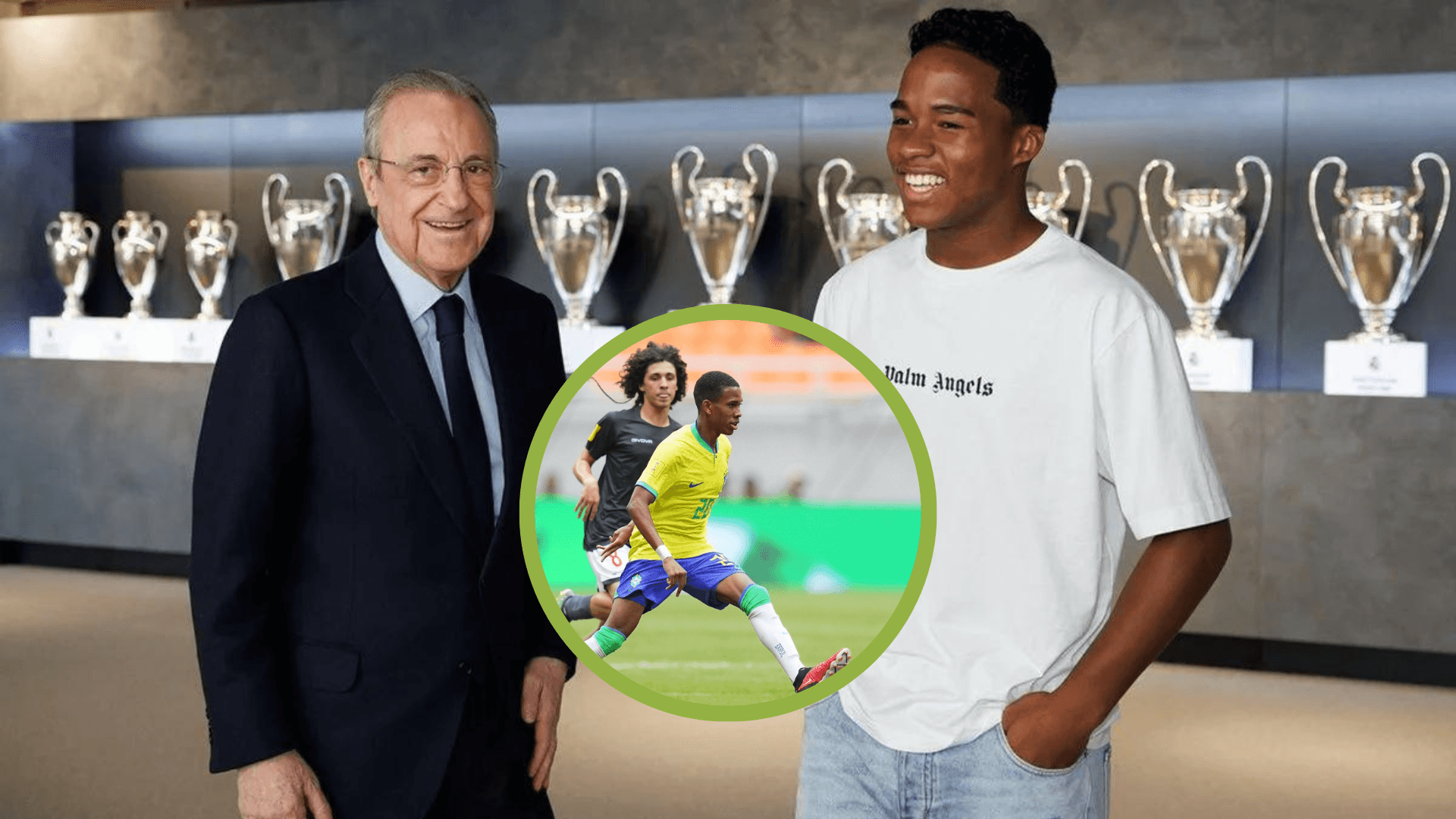 Endrick junto a Florentino Pérez, ambos sonrientes.
