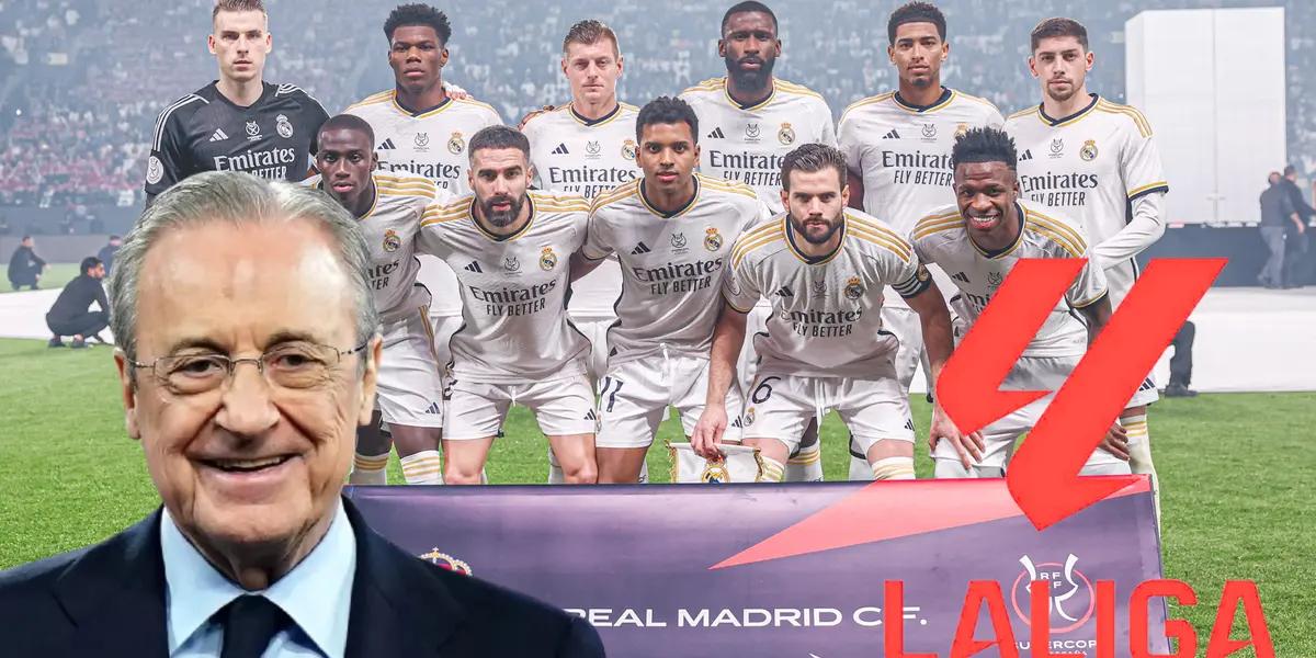 Equipo del Real Madrid 2024. Florentino Pérez sonriendo y logo de la Liga.